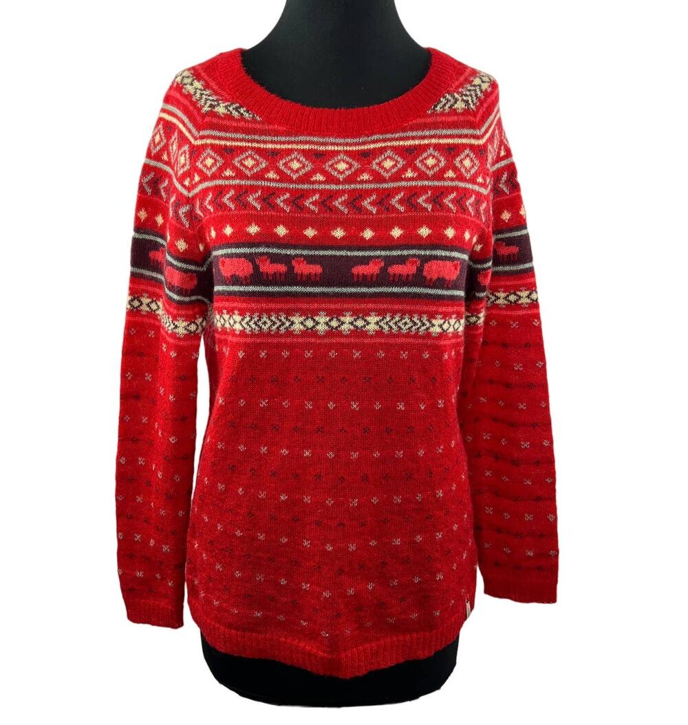 WOOLRICH Women's Red Wool Blend Fair Isle Knit Crew Sweater Sheep Pullover M